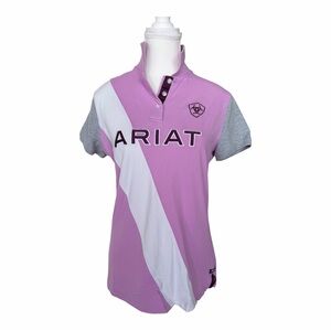 Ariat Taryn Short Sleeve Polo Shirt Pink Colourblock Logo Women’s Large